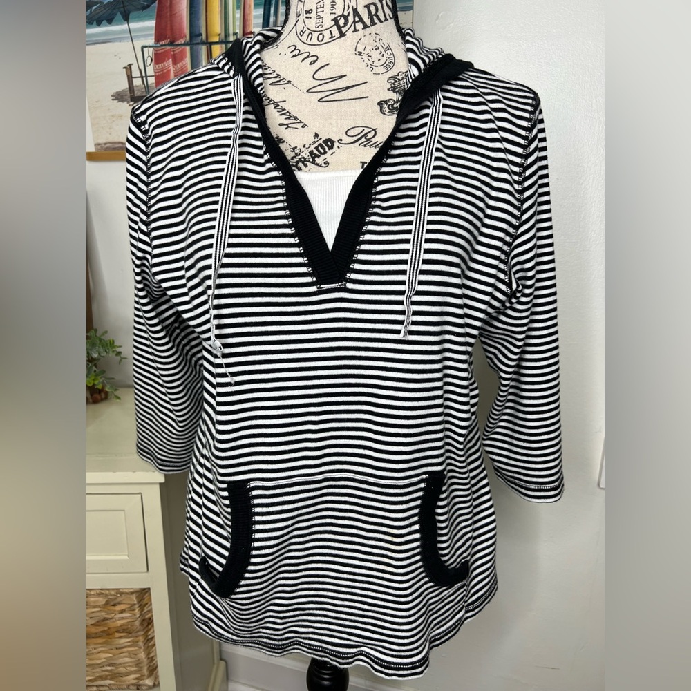 Karen Scott Sport Black & White Striped Hoodie